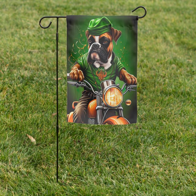 Boxer Dog Driving Bike St. Patrick's Day Garden Flag (In SItu)