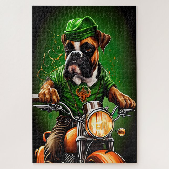 Boxer Dog Driving Bike St. Patrick's Day Jigsaw Puzzle (Vertical)