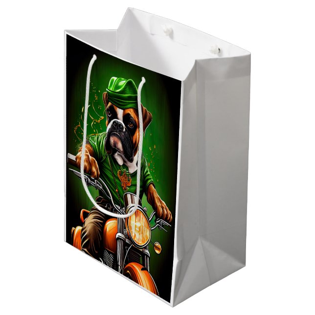 Boxer Dog Driving Bike St. Patrick's Day Medium Gift Bag (Front Angled)