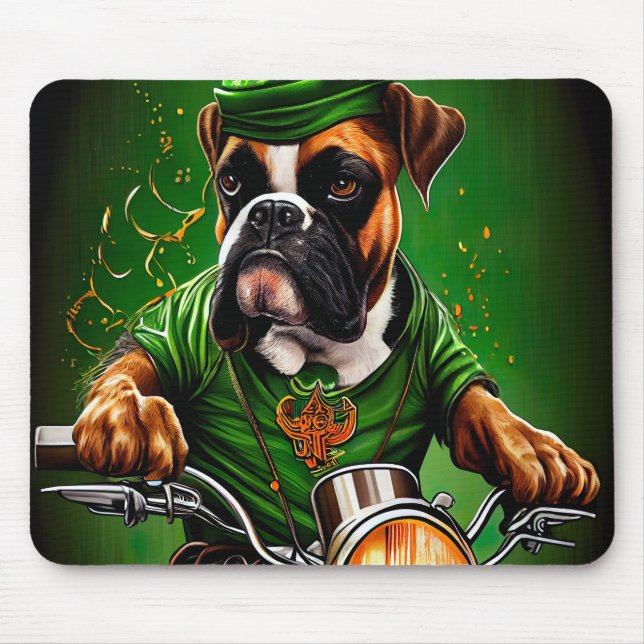Boxer Dog Driving Bike St. Patrick's Day Mouse Pad (Front)