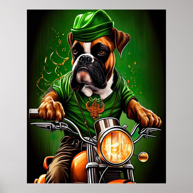 Boxer Dog Driving Bike St. Patrick's Day Poster (Front)