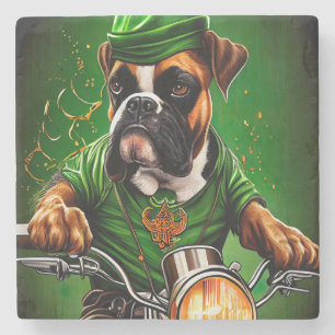 Boxer Dog Driving Bike St. Patrick's Day Stone Coaster