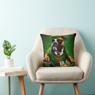 Boxer Dog Driving Bike St. Patrick's Day Throw Pillow