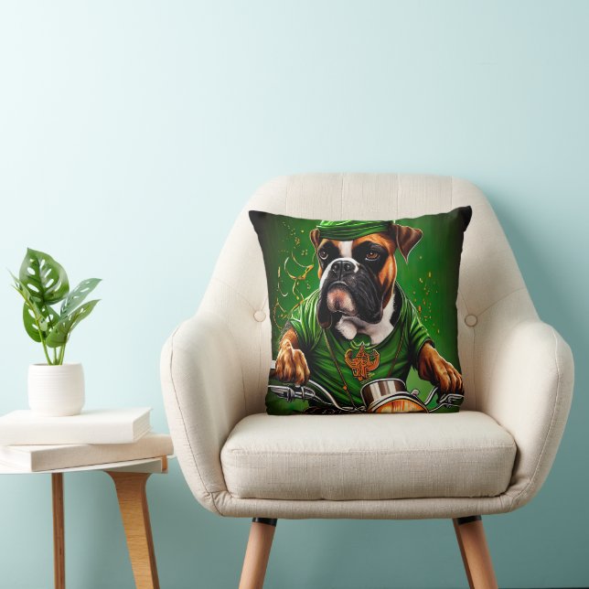 Boxer Dog Driving Bike St. Patrick's Day Throw Pillow (Chair)