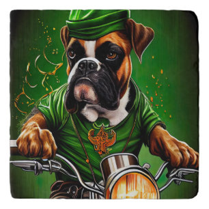 Boxer Dog Driving Bike St. Patrick's Day Trivet
