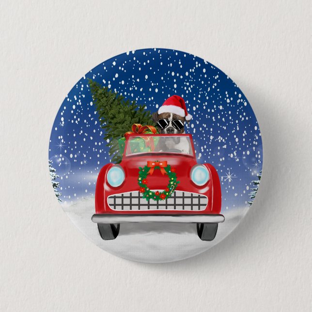 Boxer Dog Driving Car In Snow Christmas  Button (Front)