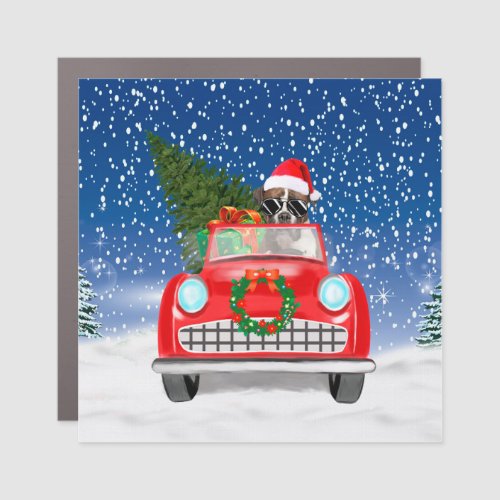 Boxer Dog Driving Car In Snow Christmas Car Magnet