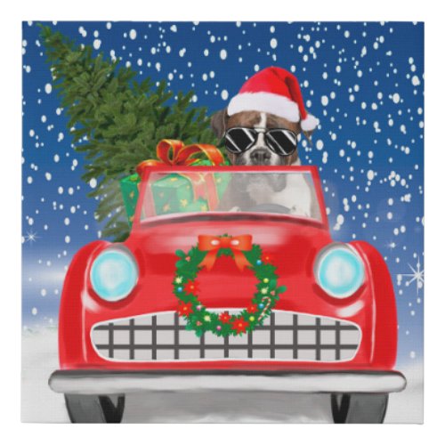 Boxer Dog Driving Car In Snow Christmas  Faux Canvas Print