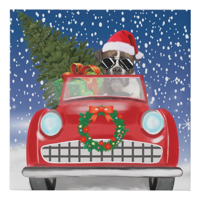 Boxer Dog Driving Car In Snow Christmas  Faux Canvas Print (Front)