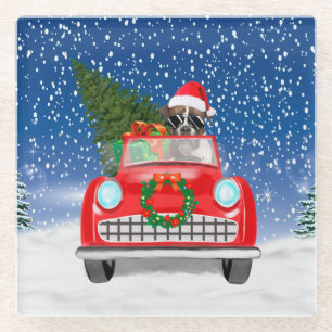 Boxer Dog Driving Car In Snow Christmas Glass Coaster