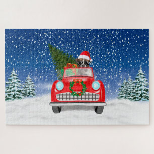 Boxer Dog Driving Car In Snow Christmas Jigsaw Pu Puzzle