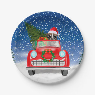 Boxer Dog Driving Car In Snow Christmas Paper Plates
