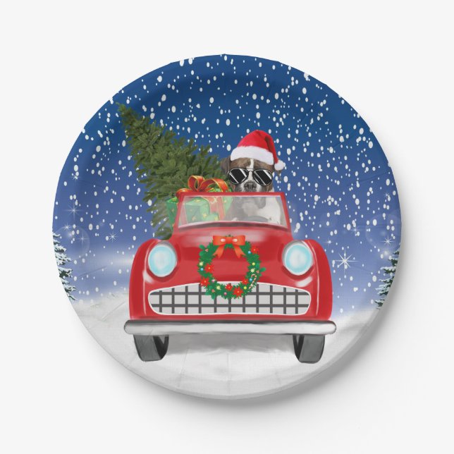 Boxer Dog Driving Car In Snow Christmas Paper Plates (Front)