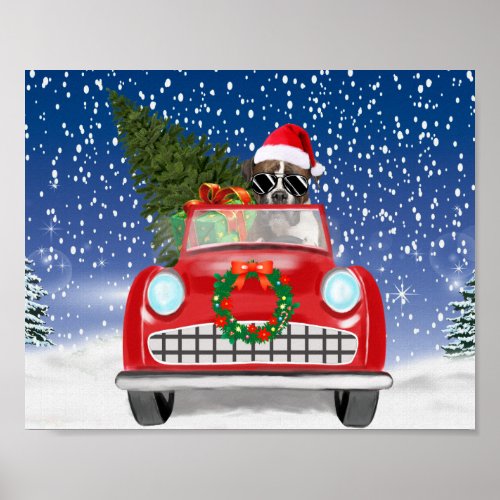 Boxer Dog Driving Car In Snow Christmas  Poster