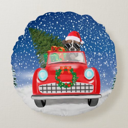 Boxer Dog Driving Car In Snow Christmas  Round Pillow