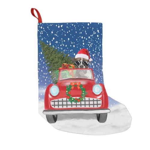 Boxer Dog Driving Car In Snow Christmas  Small Christmas Stocking