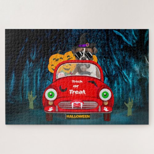 Boxer Dog Driving Car Scary Halloween Jigsaw Puzzle