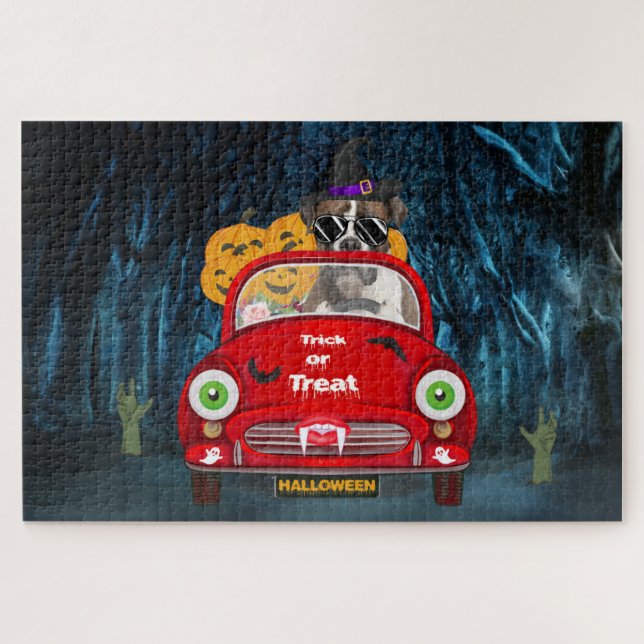 Boxer Dog Driving Car Scary Halloween Jigsaw Puzzle (Horizontal)