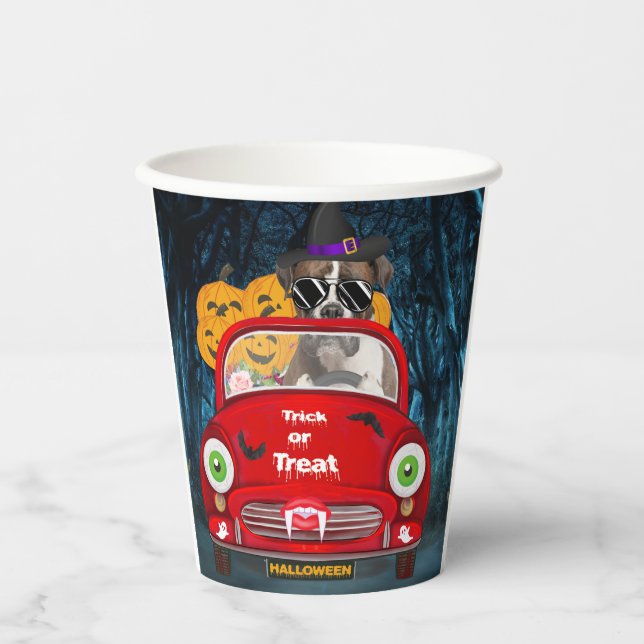 Boxer Dog Driving Car Scary Halloween Paper Cups (Front)