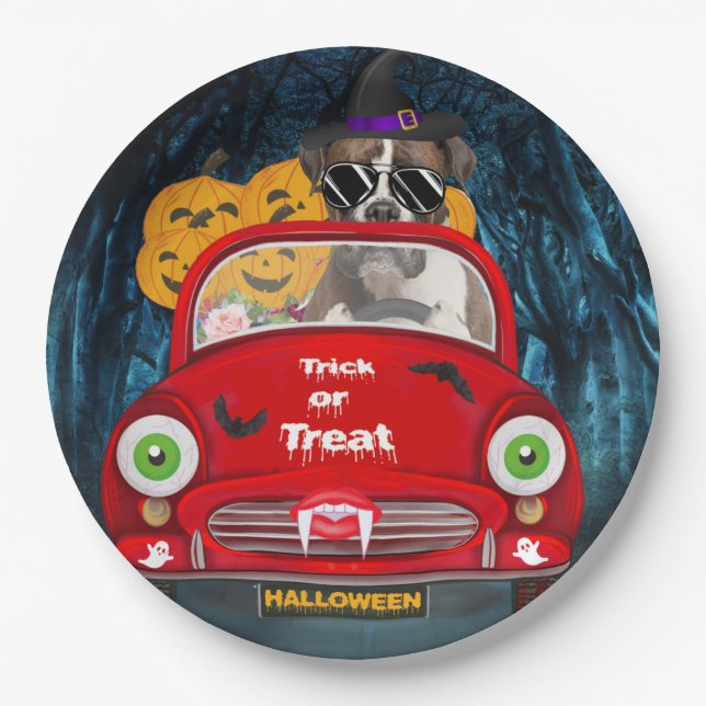 Boxer Dog Driving Car Scary Halloween Paper Plates (Front)