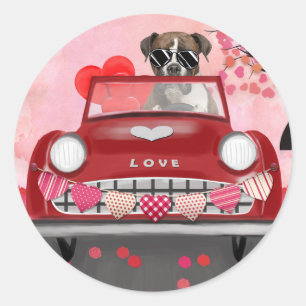 Boxer Dog Driving Car with Hearts Valentine's  Classic Round Sticker