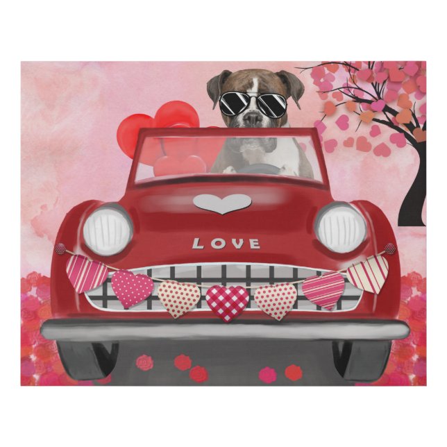 Boxer Dog Driving Car with Hearts Valentine's  Faux Canvas Print (Front)