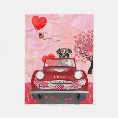 Boxer Dog Driving Car with Hearts Valentines  Fleece Blanket