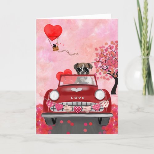 Boxer Dog Driving Car with Hearts Valentines  Holiday Card
