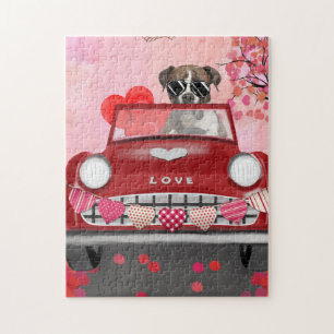 Boxer Dog Driving Car with Hearts Valentine's Jigsaw Puzzle