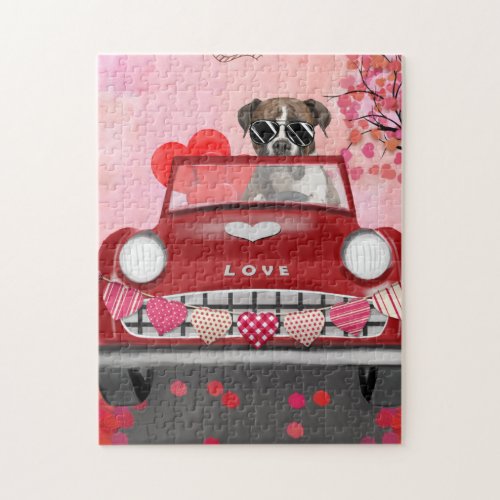 Boxer Dog Driving Car with Hearts Valentines  Jigsaw Puzzle