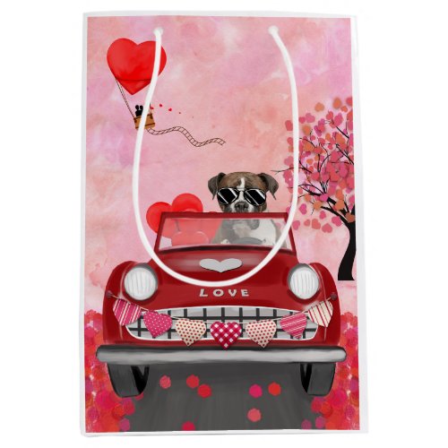 Boxer Dog Driving Car with Hearts Valentines  Medium Gift Bag