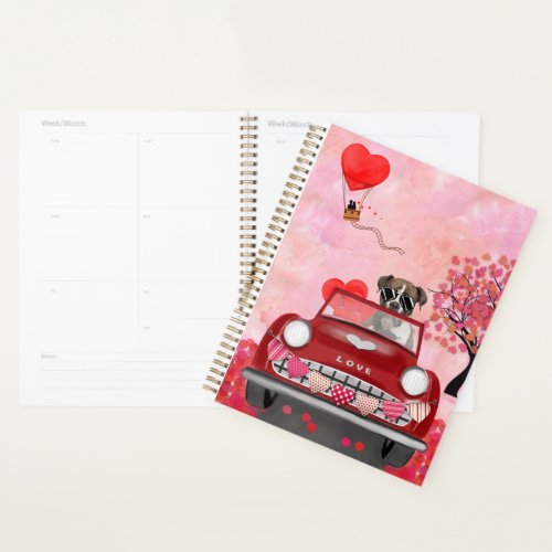 Boxer Dog Driving Car with Hearts Valentines  Planner