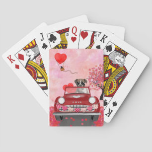 Boxer Dog Driving Car with Hearts Valentine's Poker Cards