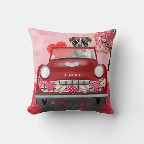 Boxer Dog Driving Car with Hearts Valentines Throw Pillow