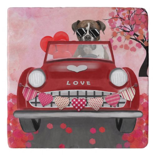 Boxer Dog Driving Car with Hearts Valentines  Trivet