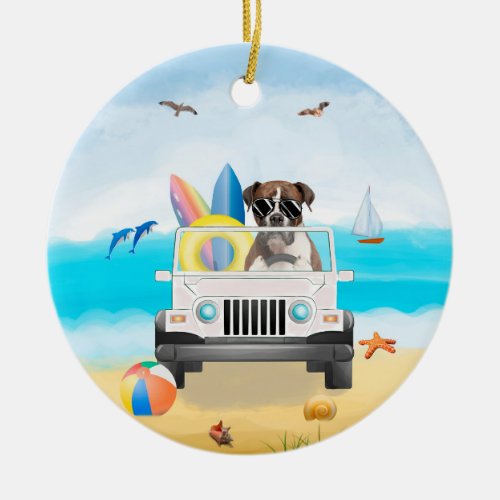 boxer Dog Driving on Beach  Ceramic Ornament