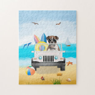 boxer Dog Driving on Beach Jigsaw Puzzle