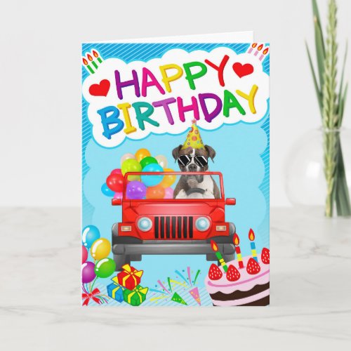 Boxer Dog Driving with Balloons Birthday Card