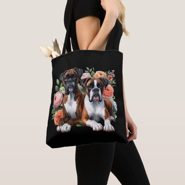 Boxer Dog Duo Amongst The Flowers Tote Bag (Close Up)
