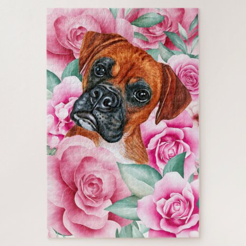 Boxer dog face watercolor drawing pink rose jigsaw puzzle