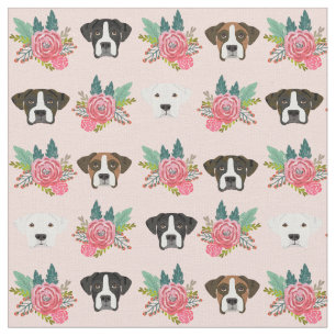 boxer dog faces pastel pink floral fabric