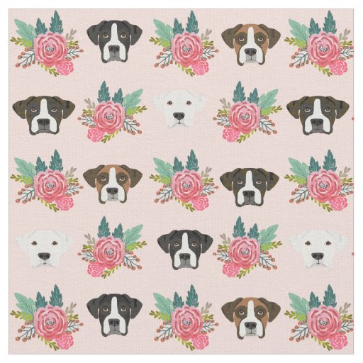 boxer dog  faces pastel pink floral fabric