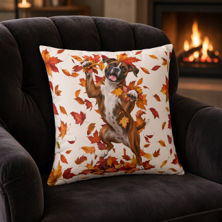 Boxer Dog Fall Leaves Throw Pillow