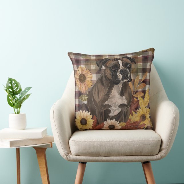 Boxer Dog Fall Watercolor Flowers Throw Pillow (Chair)
