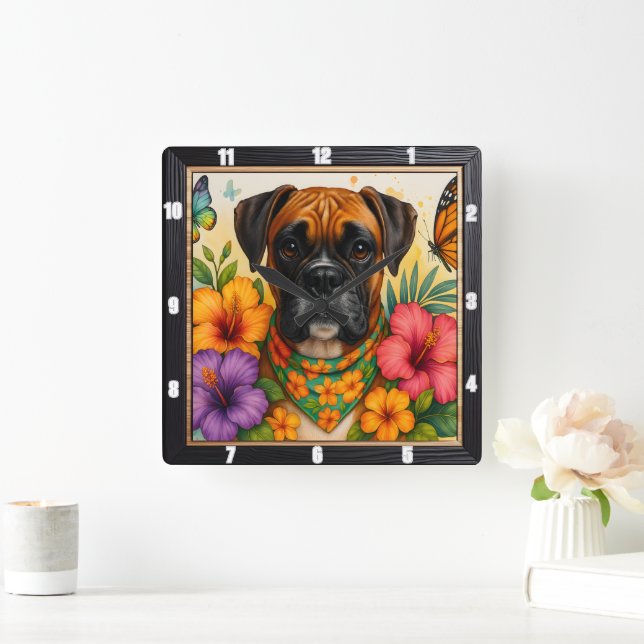 Boxer Dog Floral Butterfly  Square Wall Clock (Home)