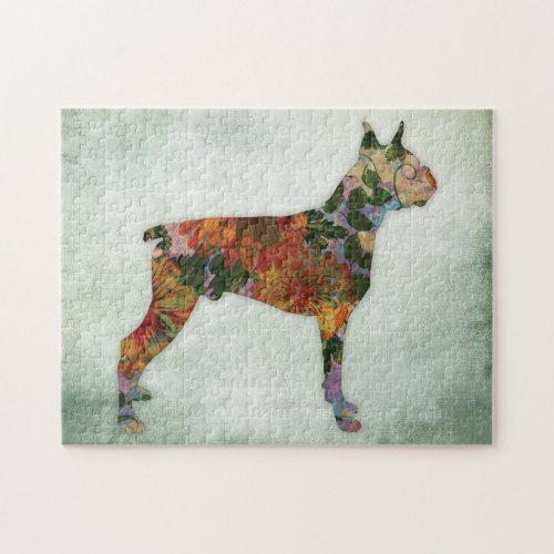 Boxer Dog Floral On Green Jigsaw Puzzle