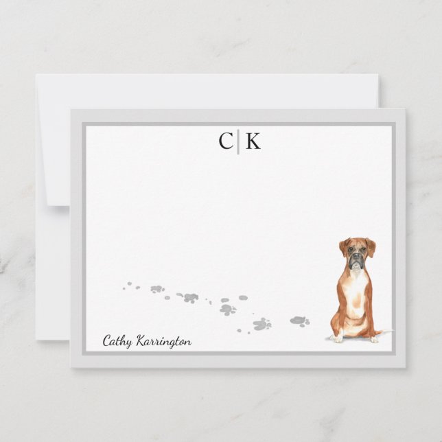Boxer Dog Gray Border Monogram Your Name Custom Note Card (Front)