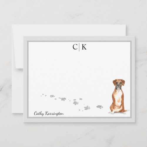 Boxer Dog Gray Border Monogram Your Name Custom Note Card