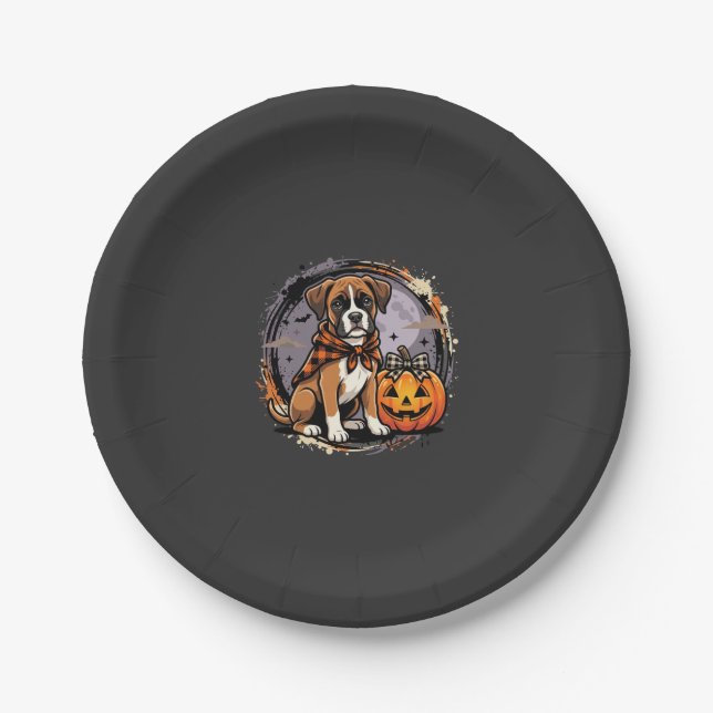 Boxer Dog Halloween Pumpkin Sublimation Paper Plates (Front)