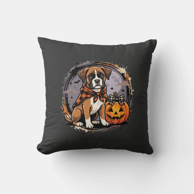 Boxer Dog Halloween Pumpkin Sublimation Throw Pillow (Front)